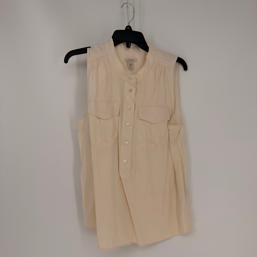 J.Crew Blouse Womens 10 Cream Silk Sleeveless Pocket Henley Office Classic